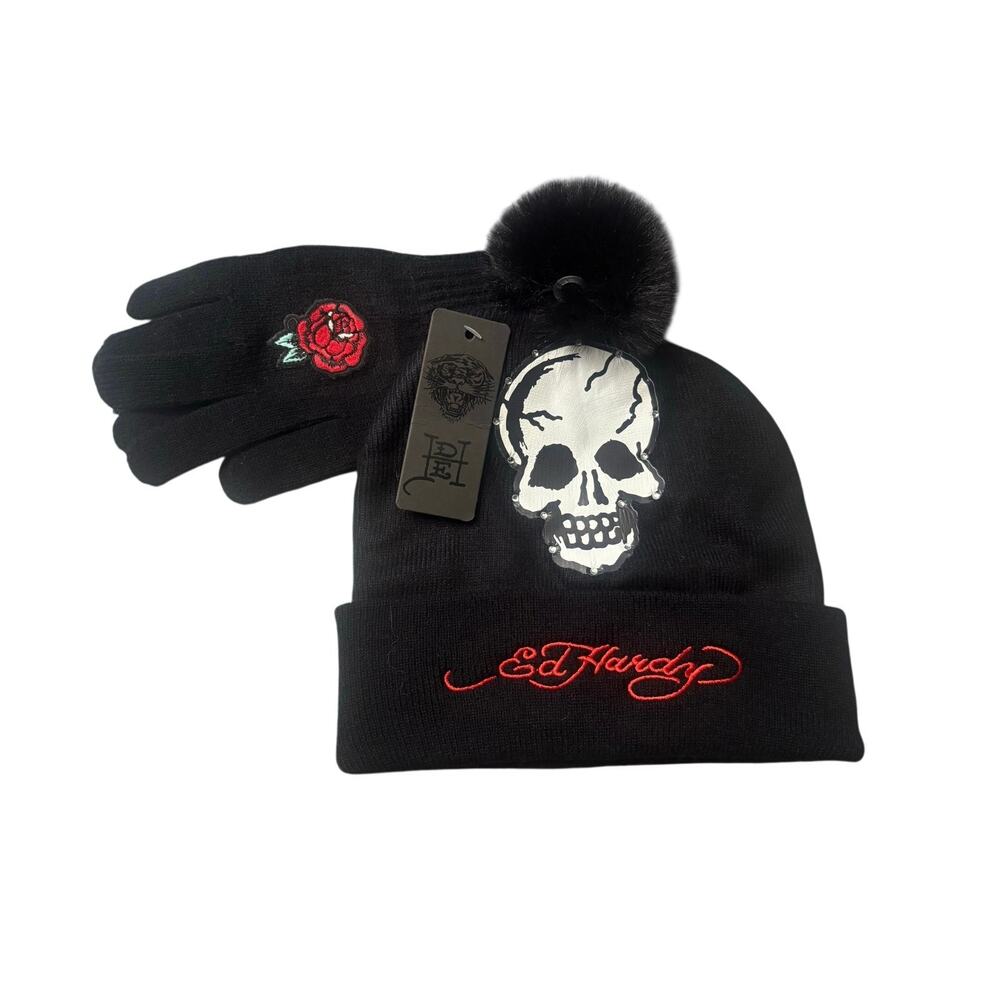 Ed Hardy Beanie Winter Hat  and gloves set Unisex, Skull with red logo, NWT